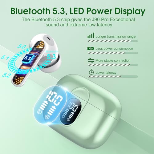 Image of Csasan Wireless Earbuds, Bluetooth 5.3 Headphones HiFi Stereo, 40H Playtime, Wireless Earphones with ENC Noise Cancelling Mic, IPX7 Waterproof Bluetooth Earbuds LED Display, Touch Control, Green