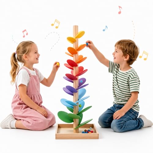 Montessori Klangbaum 71 cm große musikalische Murmelbahn aus Holz in Regenbogenfarben mit 10 bunten Kugeln Kugelfallturm-Spielzeug für Kleinkinder ab 3 Jahren Montessori-Spielzeug zum Thema