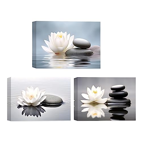 CCWACPP Toile murale zen à 3 panneaux – Impressions sur toile de lotus blanc et pierres zen noires pour yoga, spa, méditation, salle de bain, cadre...