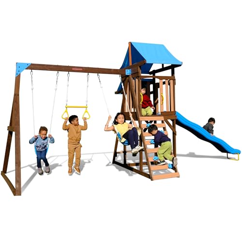 Sportspower™ Rosemont Wooden Swing Set with 8' Slide, 2 Adjustable Swings, Trapeze, Play Fort with Rock Climber, Sandbox, Picnic Table, Chalk Tarp & Anchor Kit, Outdoor Playset for Kids Ages 3–8