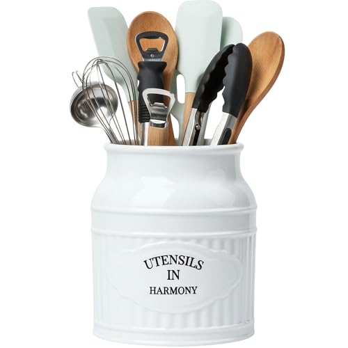 URBANYARD Ceramic Utensil Holder, 6.9' Large White Utensil Crock for Kitchen Countertop, Farmhouse Rustic Ceramic Kitchen Organizer for Cooking Tools and Utensils