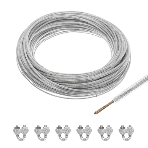 MECCANIXITY 2mm (1/16 inch) Clear Vinyl Coated Wire Rope, 30m /98ft Galvanized Steel Cable Wire Rope with 6PCS M3 Loop Sleeves for String Light Hanging, Deck Railing, Garden Wire