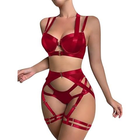 Lilosy Petite Sexy Strappy Underwire Push Up Garter Belt Women Lingerie Set Harness Cutout Bra Panty 3 Piece Burgundy Red X-Small Cover
