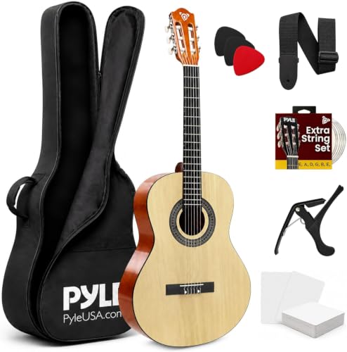 Pyle Left Handed Classical Guitar, 1/4 Size Beginner Kit w/Capo, Natural