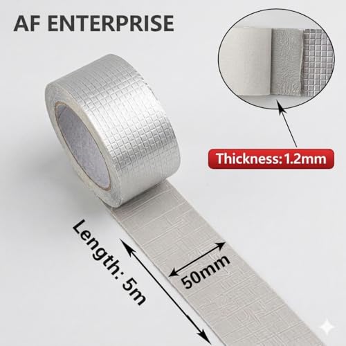 Image of Waterproof Repair Tape 5cm x 5m Aluminium Foil Sealant | Heavy Duty Adhesive Leak Proof Tape for Pipe Leakage, Roof Crack, Wall Sealing | Heat Resistant Strong Grip Waterproof Tape (Silver)