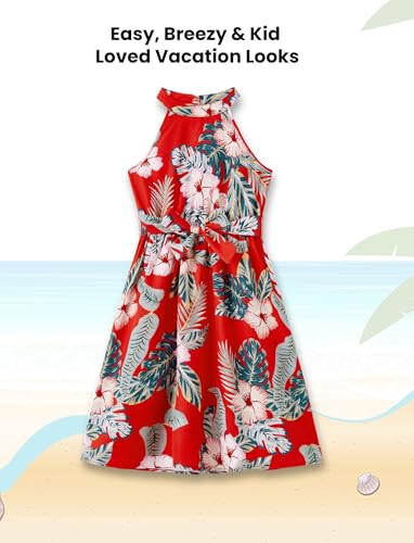 Image of PATPAT Matching Family Hawaiian Outfits - Mommy and Me Hawaiian Dress Matching Set Tropical Palm Leaf Print Summer Dress Halter Neck Dress Vacation Beach Sundress Red Flower Toddler Girl 4-5 Years