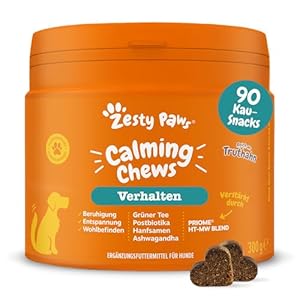 Zesty Paws Beruhigende Chews für Hunde Entspannungs- & Anti-Stress-Mittel für Hunde | Ashwagandha, Grüner Tee und L-Tryptophan | Für alle Rassen mit Putengeschmack |90 STK