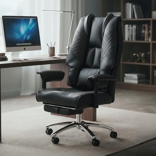 Image of DROGO Leather Monarch Pro Ergonomic Office Chair for Work from Home 400LBS,Computer Chair for Study with High Back,Cushion Seat,Armrest,Head&Lumbar Support,Gaming Chair with Footrest & Recline (Black)