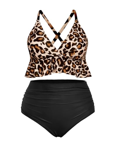 Yonique Women Plus Size Two Piece Swimsuits High Waisted Bikini Set Tummy Control Bathing Suits Ruffle Swimwear