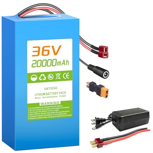 VATOSO 36V 20Ah Lithium Rechargeable Battery with 30A BMS, with Charger and Connector, for 200-1000W Solar Storage and DIY Projects 8.45x3.75x2.75 inches