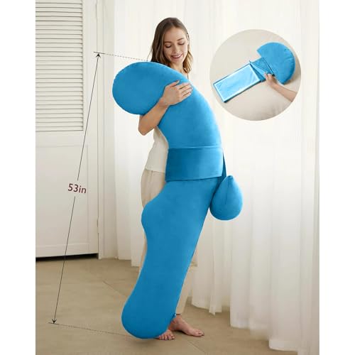 Image of J-Shaped Sleeping Pregnancy Pillow| Removable Velvet Covers| PregnoCare Fibres| Baby Shower Gift, Maternity, Nursing| Full Body Soft-Support Bump, Head, Back, Shoulder, Hips, Legs and Belly (Sky Blue)