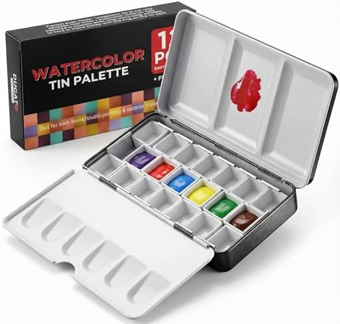 DUGATO Small Empty Watercolor Palette Tin with Lid - Includes 20 Half Pans, 4 Fold-Out Mixing Areas - Metal Travel Box for DIY Art Supplies