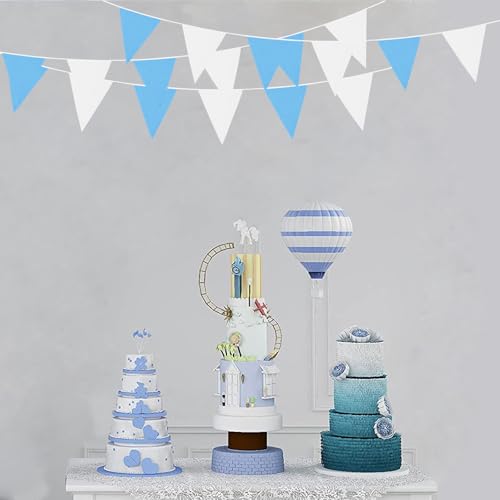 Image of Zwiebeco 39Ft Blue White Fabric Bunting Banner Triangle Flags Party Hanging Cotton Garland Pennant for Summer Pool Seaside Beach Birthday Wedding Baby Shower Outdoor Garden Decorations 42PCS