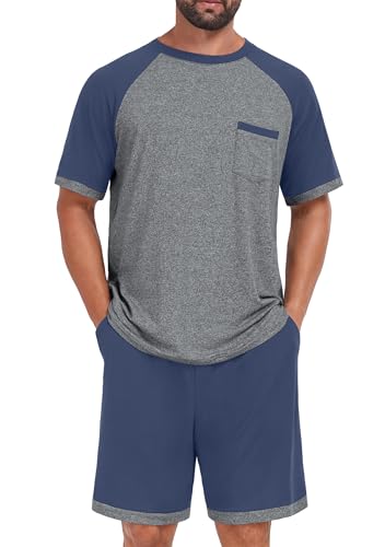 NUOKESASI Mens Pajamas Set Lightweight Summer Pjs Sleepwear Quick Dry Soft Comfy Short Sleeve Loungewear Shorts With Pocket (S-4X)