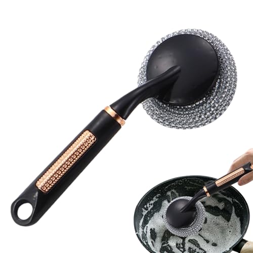 Reparado de cocina - cepillo de acero inoxidable, limpiador de platos | Herramienta de limpieza duradera, cepillo de lana de acero de mango largo para limpiar residuos quemados, suciedad