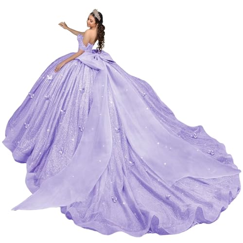 Mouccy Beaded 3D Butterfly Quinceanera Dresses with Train Off Shoulder Sweet 16 Dress Puffy Tulle Prom Dresses Long Ball Gown