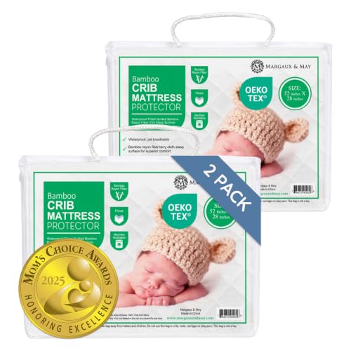 Image of Margaux & May Crib Mattress Protector, 2-Pack, Oeko-TEX® Certified | 100% Waterproof, Fitted, 28" x 52", Standard Crib Size, Mattress Protector Pad, Highly Absorbent Quilted Cover, Noiseless