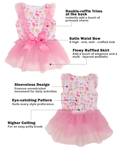 Image of CuteBone Pink Flamingo Pool Party Pet Dress for Small Dogs, Cats - Double-Layer Ruffled Skirt - Satin Bow - Summer Beach, BBQ Dress