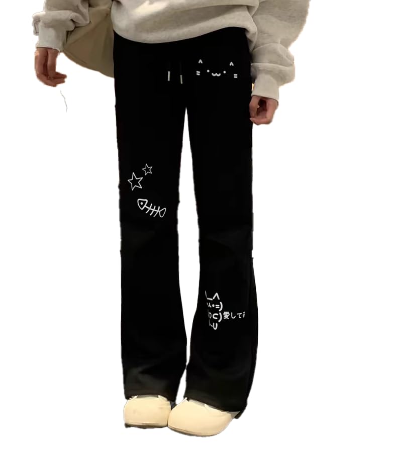 Y2K Cute Cat Print Kawaii Sweatpants for Women Casual Harajuku Cutecore Drawstring Elastic Straight Pants