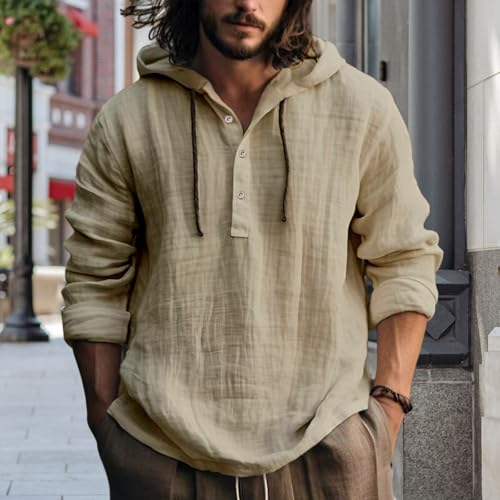 Men's Hooded Shirt Lightweight Long Sleeve Half Button Boho Beach Shirt Summer Loose Fit Casual Hoodie2