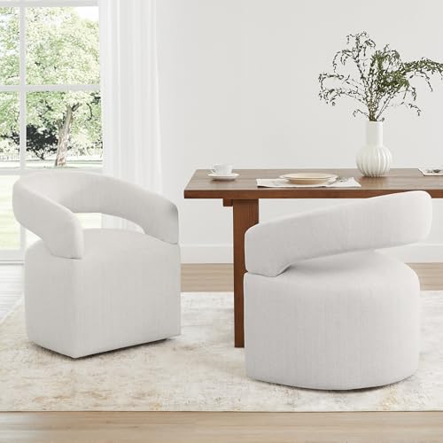 Image of KISLOT Upholstered Dining Chairs with Casters, Modern Barrel Side Armchair with Rollers for Dining Room, Bedroom, Kitchen, Reading Room, Linen Fabric, Set of 2