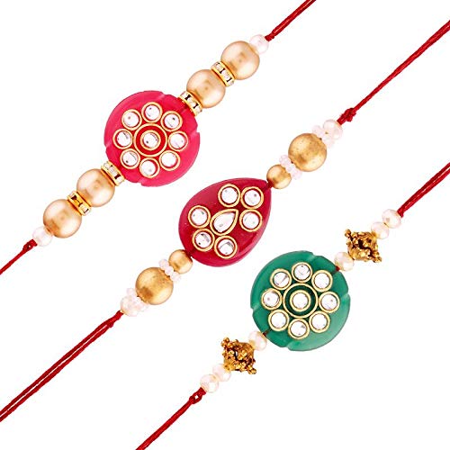 I Jewels Gold Plated Designer Kundan Pearl Multi-Colour Rakhi For Men/Boys Pack Of 3 (R906-30-31CO)