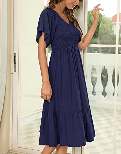 Zattcas Womens V Neck Summer Smocked Ruffle Midi Tiered Dress With Sleeves Navy Xl #TOP2