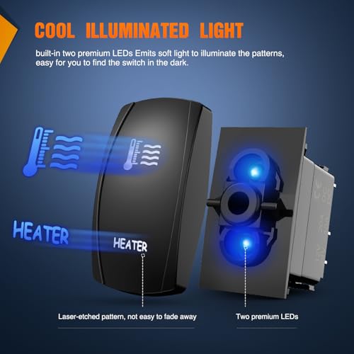 Image of Nilight Heater Rocker Switch Led Light Bar 5 Pin Laser On Off | SPST Switches 20A /12V 10A /24V Blue with Jumper Wires Set for Cars Trucks Boats ATVs UTVs RVs