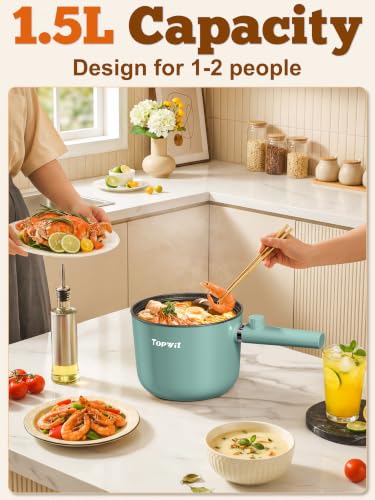 Image of Topwit 1.5L Hot Pot Electric, Portable Ramen Cooker, Non-Stick Frying Pan | BPA-free, Glass Lid, Overheat & Boil-dry Protection, Electric Pot for Pasta, Steak, College Dorm Office Travel Essentials