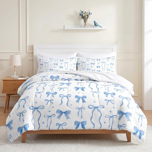 Image of Nesker Bow Comforter Set Full Size, 7 Pieces Bed in a Bag, Blue Bow Bedding Set for Girls, Coquette Comforter Set with 2 Pillowcases & 2 Shams