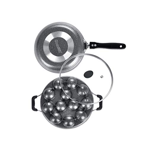 Image of SUMEET Aluminium NonStick Striae Bro Cookware Set (Silver , Tapper Pan - 0.6Ltr - 20Cm, Grill Appam Patra with Glass Lid - 12 Cavity - 22cm Dia)