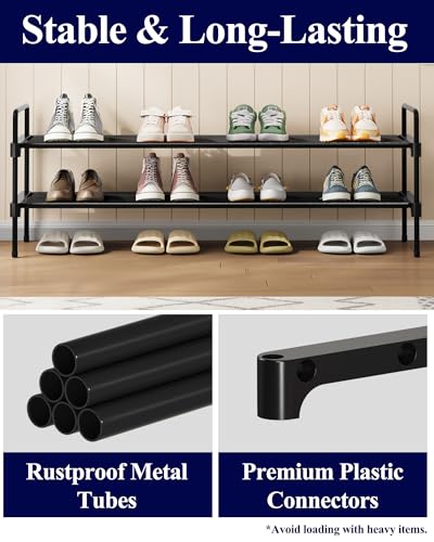 Image of Kitsure Shoe Rack for Closet, Shoe Organizer for Front Door Entrance, Stackable Shoe Shelf, Detachable Closet Organizers and Storage, 36.1 inch Wide - 2 Tiers, Black | Closet, Front Door Entrance, Entryway, Stackable & Detachable Shelf, Closet Organizers and Storage