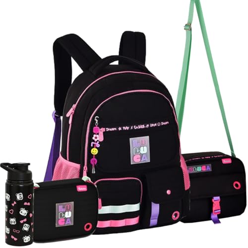 Kit Mochila Escolar Luluca com Estojo, Lancheira e Garrafa, Preta Lu24600