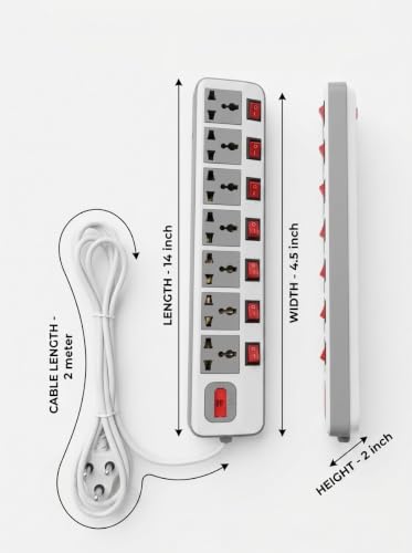 Image of 7 Socket Universal Extension Board with Individual Switches | Heavy Duty Power Strip with Master Switch | Multi Plug Extension Cord for Home, Office, Computer, TV & Appliances