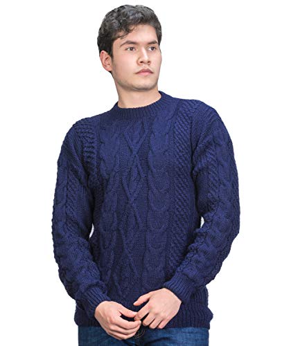 Mens Irish Fisherman Aran Sweater in Blue Alpaca Wool – Winter Pullover – Cable Knit Jumper3