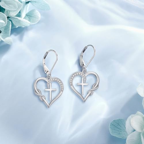 ONEFINITY Cross Moissanite Earrings for Women 925 Sterling Silver Leverback Cross Heart Dangle Drop Earring Cross Religion Jewelry for Women3