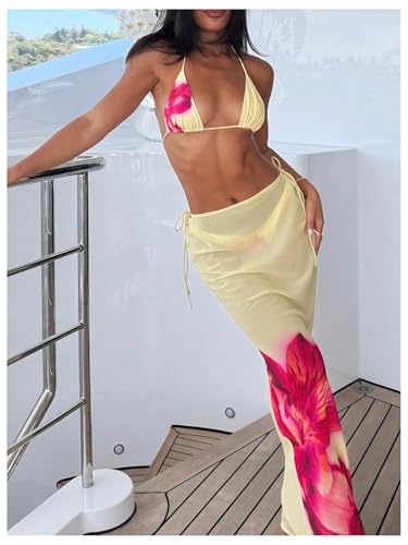 Women's 3 Piece Floral Bikini Sets Triangle Halter String High Cut Swimsuit with Cover Up Skirt3