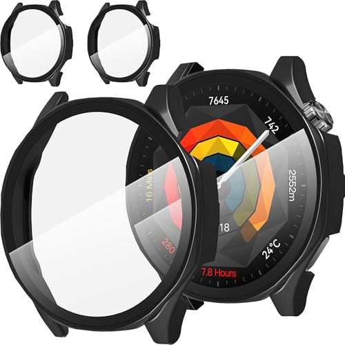 Diruite 2 Pezzi Cover per HUAWEI Watch GT 5 46mm Custodia Protettiva HD Antigraffio PC Custodia Vetro Temperato Pellicola Protezione,Nero&Nero,46mm