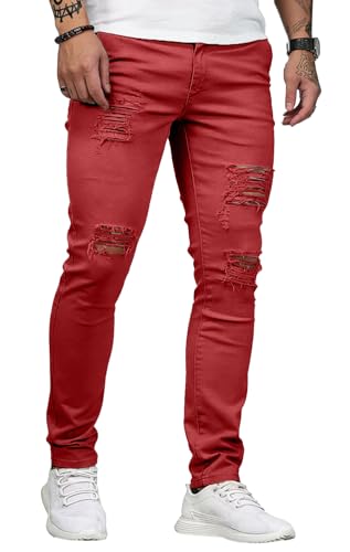Image of HUNGSON Men's Blue Slim Fit Jeans Stretch Destroyed Ripped Skinny Jeans Side Striped Denim Pants