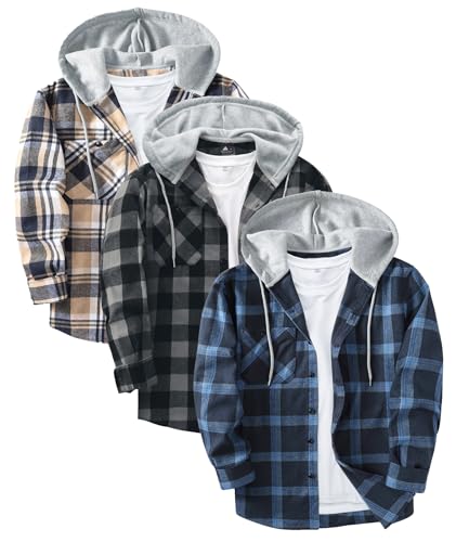 JACKETOWN 3 Pack Mens Plaid Shirts Long Sleeve Casual Hooded Flannel Shirt Multipack Work Checked Shirts Adult 4 Seasons Lightweight Button Down Hoodie with Pocket