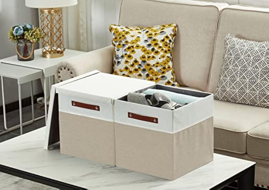 DECOMOMO Storage Basket with Lid, Storage Cubes with Handles, Fabric Box with Lid (Beige and White, 11¡± / 3 Pack)