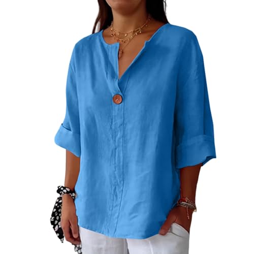 Generisch Sommerbluse Damen Frauen Baumwolle Und Leinen Mode V-Ausschnitt 3/4 Ärmel Knopf Blusentops, Musselin Bluse Damen （Türkis，XL）