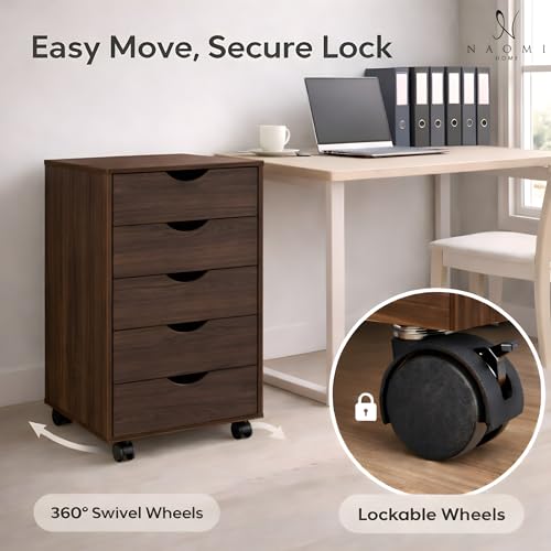 Image of Naomi Home Under Desk Office File Cabinet with 5 Drawers, Rolling Storage Organizer with Lockable Wheels, Handle-Free Design & Spacious Top Surface, Compatible Cabinet for Home Office - Espresso