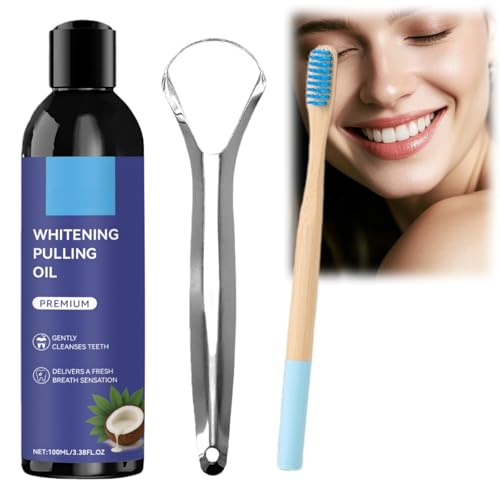 Coconut Oil Pulling Natural Mouthwash for Teeth Whitening & Fresh Breath Travel Oral Care Bad Breath Treatment & Teeth Care 100ml with Toothbrush and Tongue Scraper Included