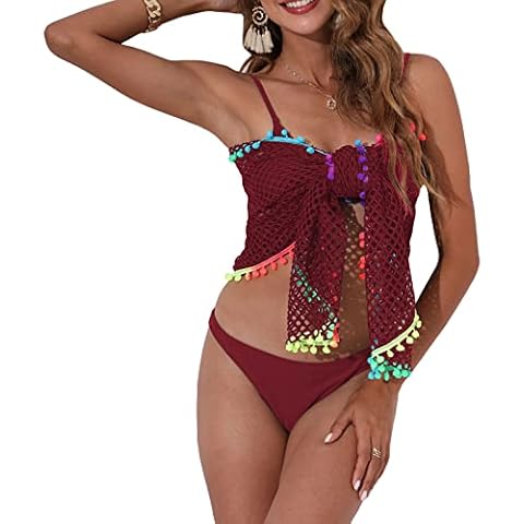Women Beach Sarong Wrap Skirt Summer Crochet Fishnet Tassel Bikini Cover Up Shawl Swimwear Holiday Essentials (A-Wine Red, One Size) Cover