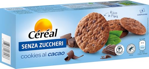 Céréal Senza Zuccheri, Cookies al cacao, Deliziosi biscotti senza zucchero al cioccolato, Snack goloso ricco in fibre, Ridotto impatto sulla glicemia, Pack con 4 confezioni di biscotti, 130g