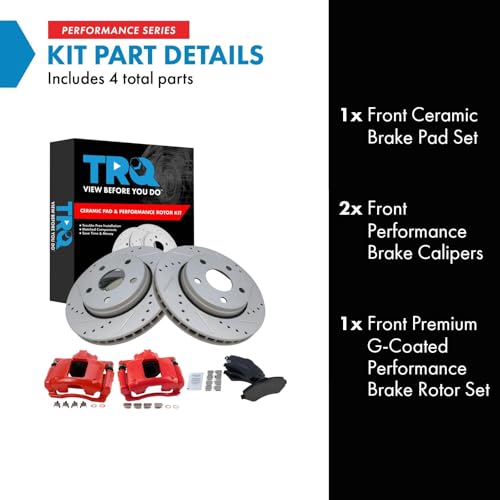Image of TRQ Performance Front Brake Pad and Rotor Set Ceramic Coated Drilled | For 2007-2012 Jeep Wrangler