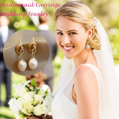 9Pcs Bridesmaid Earrings Bridesmaid Proposal Gold Pearl Knot Earring Statement White Pearl Dangle Earring for Wedding Party Birthday Prom Jewelry2
