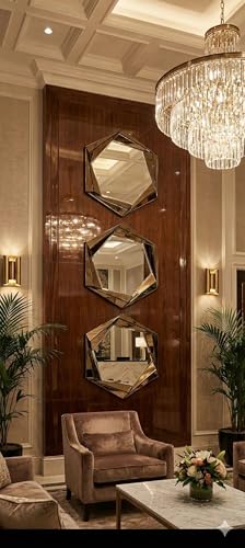 Image of Alfa Design 3D Hexagonal Wall Mounted Bevelled Wall Mirror | 15x13 Inch Glass Wood Backing | Mirror for Farmhouse (Pack of 1)