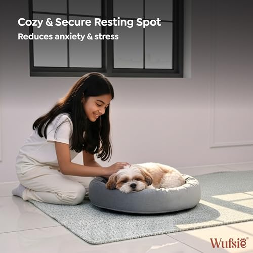 Image of Velvet Dog Bed in Round Shape | Small 60 Cm | Premium Velvet Pet Bed for Cats and Puppies | Soft & Cozy Sleeping Bed for Dog with Removable Insert | Black & Grey